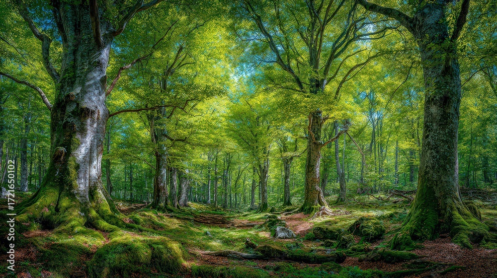 Obraz premium Dense Lush Forest Sunlight Filtering Through Trees