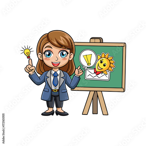 Cartoon Businesswoman Presenting Ideas on a Chalkboard with a Cheerful Sun Character for an Engaging and Innovative Presentation