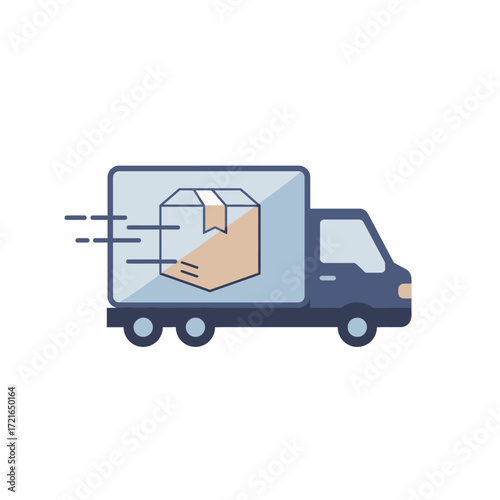A modern flat design illustration of a dark blue delivery truck rapidly transporting a cardboard parcel, symbolizing efficient and quick shipping services.