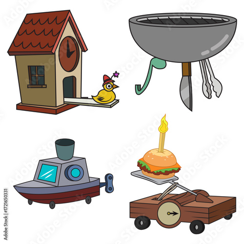 Cartoon vector illustration of funny and creative objects