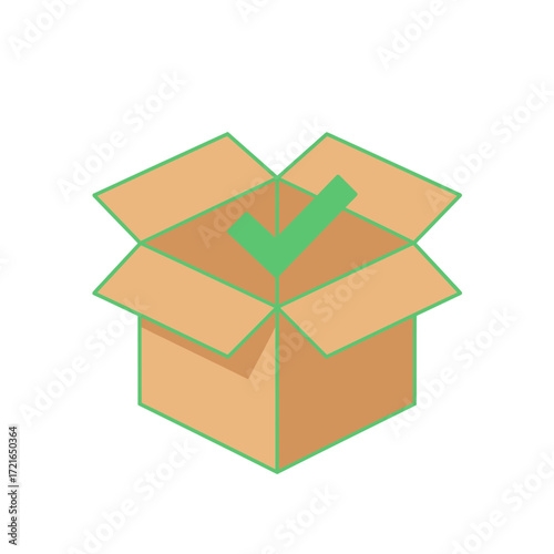A brown cardboard delivery box with open flaps and a clear green checkmark inside, symbolizing successful order fulfillment and completion.