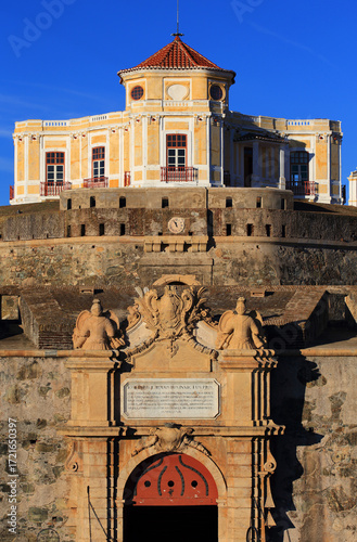 Portugal, Elvas. Historic Fort of Our Lady of Grace. Inscription on the gate commemorates the visit of King Jose I, Marquis of Pombal and The Count of Lippe in 1756.