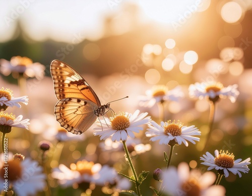 Colorful butterfly perched on vibrant blooming flower with soft dreamy bokeh in golden sunlight, macro wildlife photo