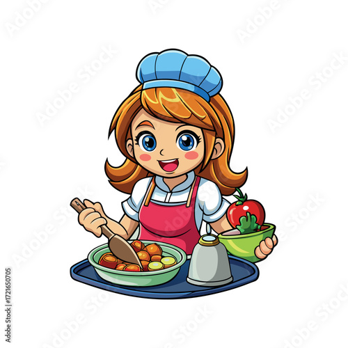Cheerful Cartoon Chef Girl Preparing a Meal with Fresh Ingredients and Utensils on a Tray