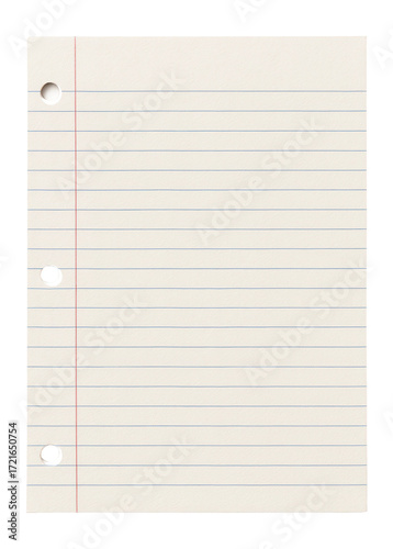 Lined notebook paper piece with two binder holes.