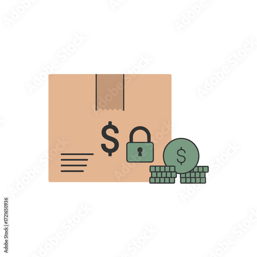 A graphic representation of a secure delivery package featuring a padlock and dollar signs, indicating valuable assets and protected online transactions.