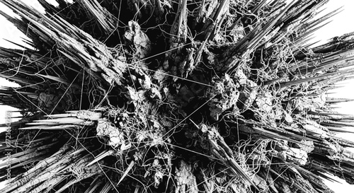 Abstract 3D spiky organic structure in monochrome. Intricate digital art, complex fractal, chaotic network, futuristic visualization, microscopic detail.
