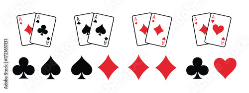 A collection of flat vector icons featuring the four classic playing card suits and various card pair combinations for casino and game design