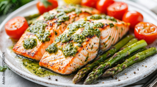 Baked salmon with asparagus, pesto sauce and tomatoes