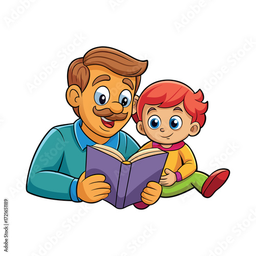 Cartoon Father Reading a Book to His Son Depicts a Loving Family Moment Filled with Bonding and Storytelling