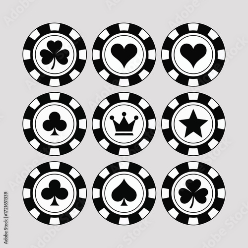 Stylized black and white casino gaming tokens collection featuring classic card suit symbols, crowns, and stars, perfect for game design, entertainment, and leisure concepts