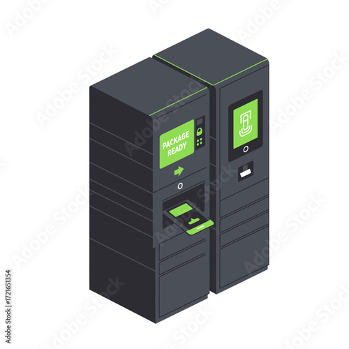 An isometric illustration depicts a modern automated package locker system, showcasing convenient self-service parcel retrieval for efficient e-commerce delivery.