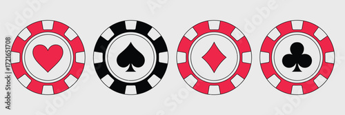 Poker Chips with Hearts, Spades, Diamonds, and Clubs A Set of Casino Game Symbols