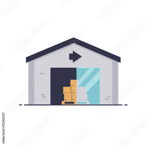 An illustration depicting a modern warehouse building with an arrow indicating inbound or outbound logistics, showcasing efficient storage and distribution processes.