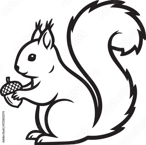 Cartoon squirrel holding acorn line art rodent animal