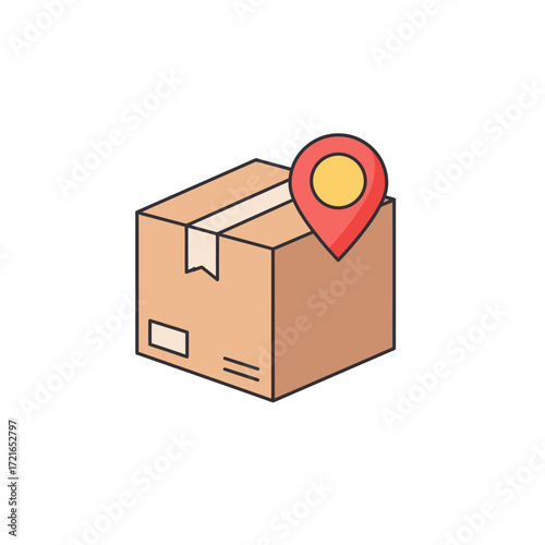 A clear vector illustration of a brown cardboard box with a red location pin, representing efficient package tracking, reliable delivery, and e-commerce logistics.