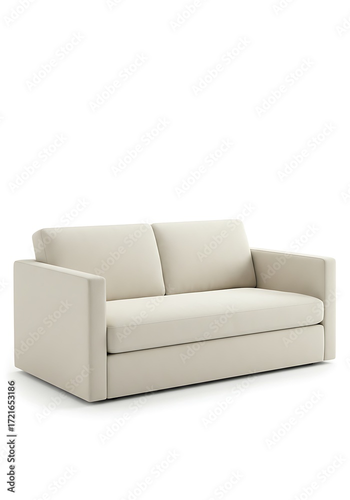 Naklejka premium A clean, modern, cream-colored sofa with a minimalist design, featuring two seat cushions and two back cushions, set against a white background.