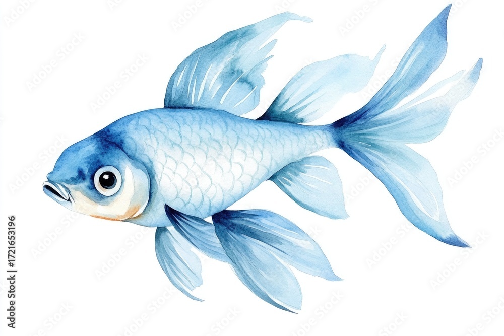 Fototapeta premium Delicate watercolor blue goldfish swimming gracefully on white background