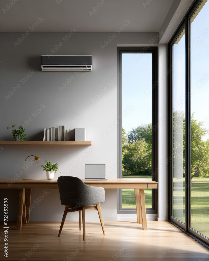 Obraz premium Calm modern home office featuring sustainable energy air conditioner for clean cool air. Comfortable workplace interior provides tranquil view from large window