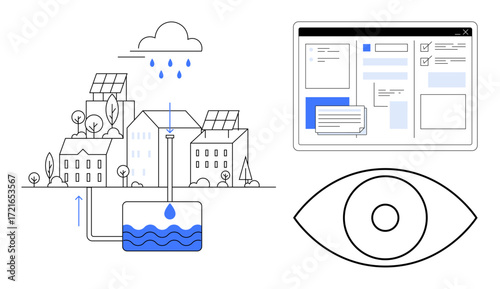 Urban area with solar-powered houses, water harvesting system, monitoring dashboard, and a large eye icon. Ideal for sustainability, technology, urban design, environment, water conservation