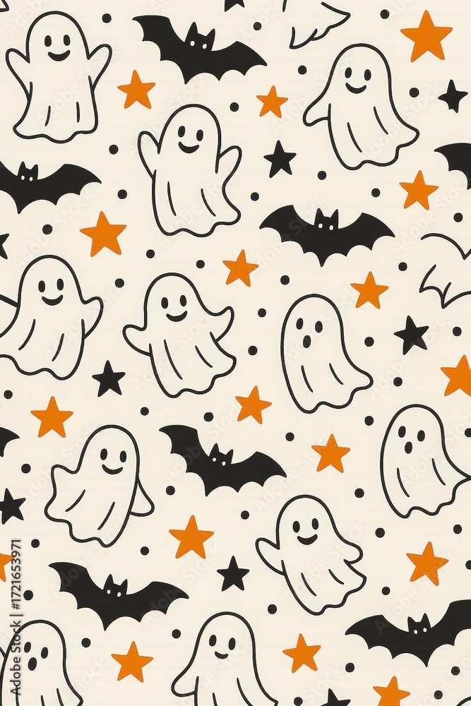 Obraz premium Seamless cute halloween pattern with smiling ghosts, bats, and stars in black and orange for seasonal festive designs.