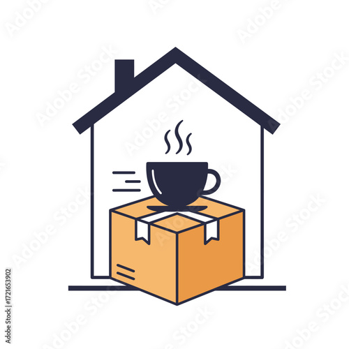 An illustrative icon depicts a steaming coffee cup being delivered on top of a cardboard box, symbolizing home delivery services and online ordering for beverages.