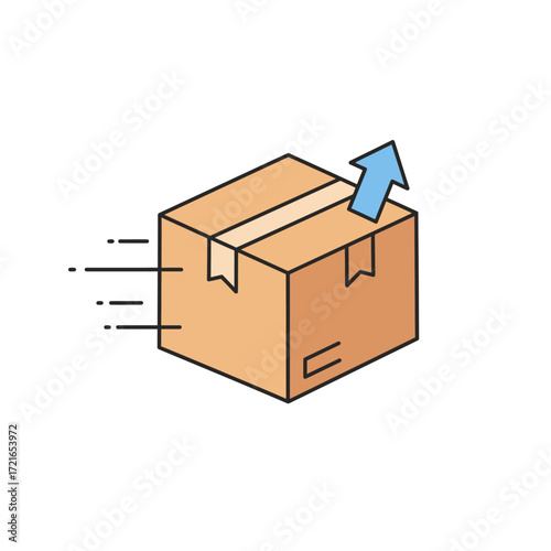 An illustrative icon depicts a brown cardboard box swiftly moving forward with an upward blue arrow, symbolizing quick delivery or package return services.