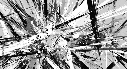 Dynamic abstract explosion with radiating black and white lines and splatters. Energetic monochrome graphic art background.