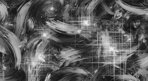 Abstract black and white background with dynamic brush strokes and digital grid overlay, modern textured pattern