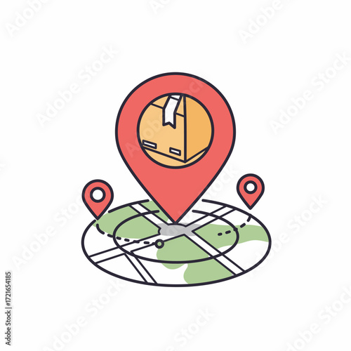 A modern icon of a world map with location pins, highlighting a central marker containing a package, symbolizing global delivery and efficient tracking.