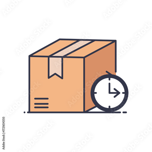 A clean vector icon of a brown cardboard box featuring a clock, symbolizing efficient, prompt, and reliable parcel shipment for e-commerce and modern logistics operations.