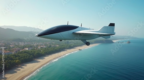 A sleek modern electric vertical take-off and landing eVTOL aircraft flying over a coastal town with a mix of green forest, sandy beaches, and blue ocean waters below.