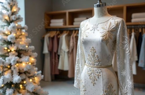 The fabric boutique is decorated in a Christmas theme. In the foreground are a Christmas tree and a mannequin in a dress. In the blurred background are shelves filled with rolls of fabric