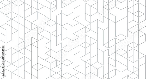 Geometric pattern of interconnected lines and shapes on white background.