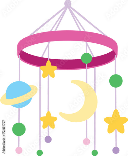 A baby mobile with stars a moon a planet and balls