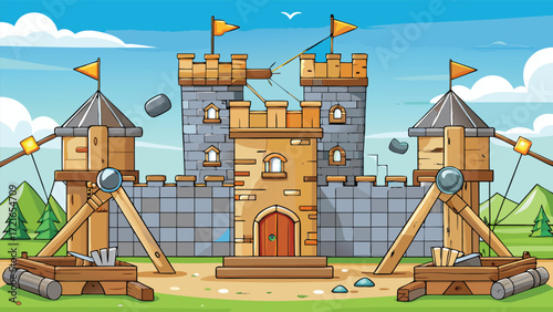 Cartoon castle under siege with catapults firing stones in a lively landscape scene vector