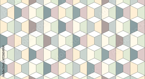 Geometric pattern of pastel colored cubes in a repeating tessellation.