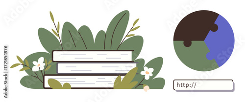 Stacked books surrounded by plants, globe as a jigsaw puzzle, and a web URL bar. Ideal for education, nature conservation, digital learning, global unity, sustainability, eco-awareness minimalism