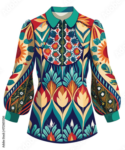 Woman blouse design with floral pattern and ethnic motifs Vector illustration Colorful print fashion apparel Isolated on white background