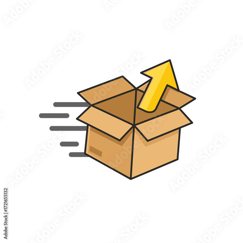 This vibrant graphic features a rapidly moving cardboard box with an upward arrow, perfectly illustrating concepts of express delivery and swift progress.