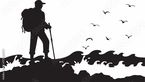Silhouette of a hiker with backpack and walking stick standing on rocks near ocean with birds flying around | editable eps vectors