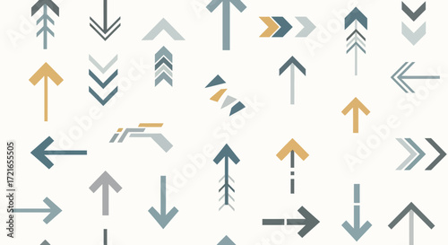 Collection of various directional arrows in muted colors on white.