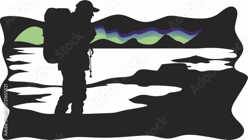 Silhouette of a backpacker under the northern lights with mountains and a lake in the background | editable eps vectors
