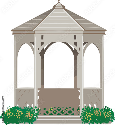 A beige hexagonal gazebo with arched openings and a peaked roof surrounded by green bushes