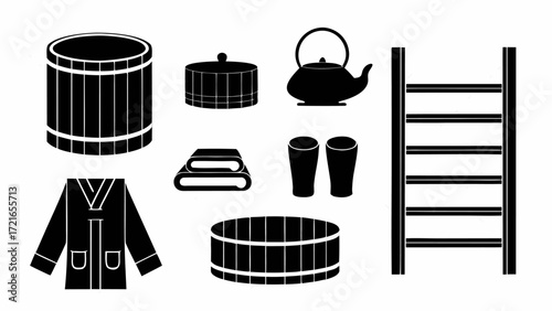 Silhouette illustration of onsen items including tubs, teapot, glasses, and a wooden ladder object | editable eps vectors