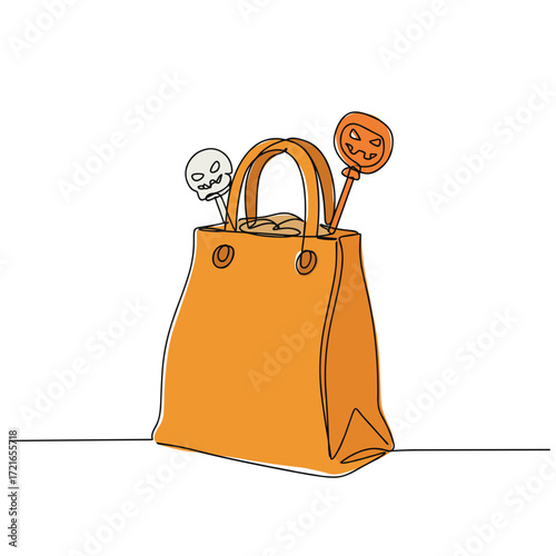 Orange trick-or-treat bag filled with candy and spooky lollipops concept of Halloween  