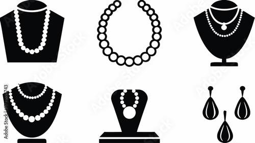 A collection of jewelry including necklaces on stands and hanging earrings in black and white style | editable eps vectors silhouette