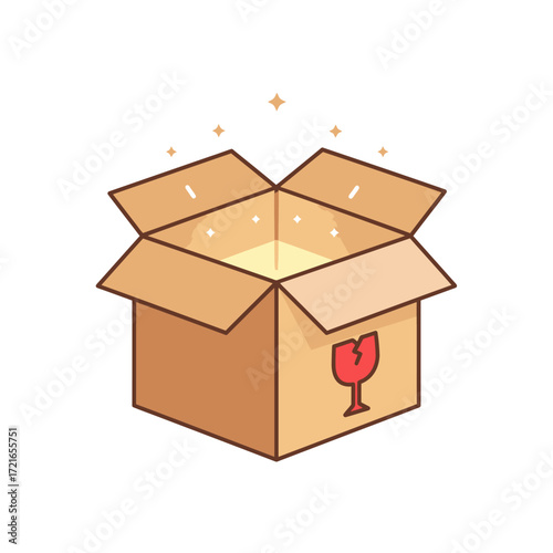 An open cardboard box with a glowing surprise inside, featuring a fragile symbol, illustrating the excitement of unboxing a special delivery.
