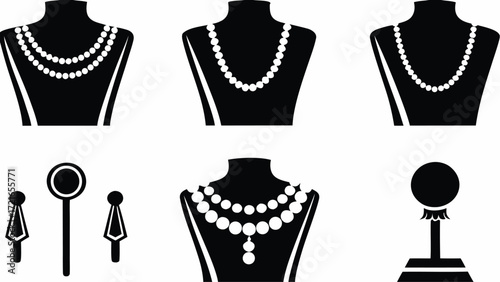 Illustration showing multiple jewelry displays with necklaces and earrings in a black and white design | editable eps vectors silhouette