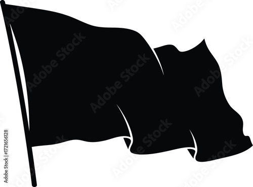 Bold black flag waving dramatically against stark white background, symbolizing protest or freedom